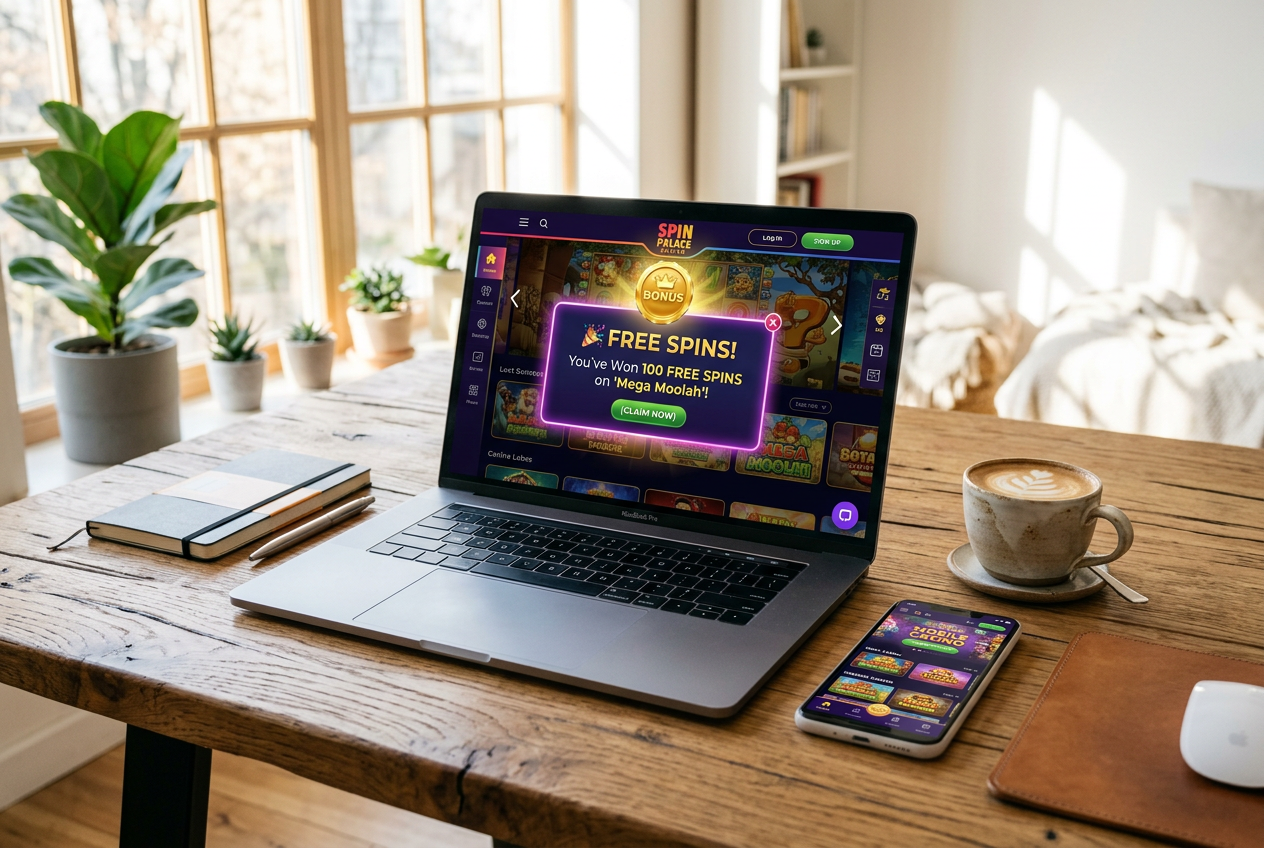 A professional laptop setup showing a modern online casino interface with bonus notifications.