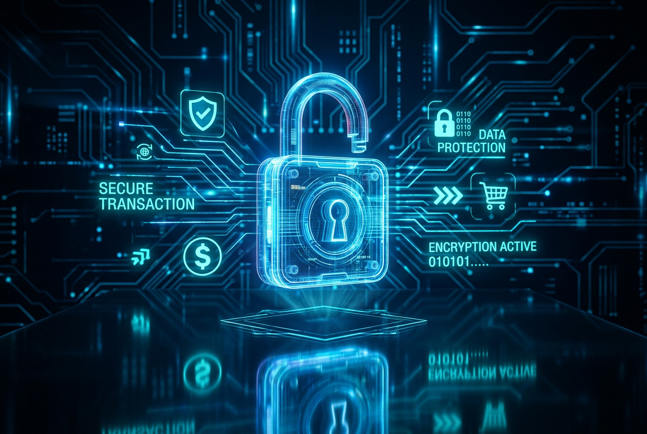 Abstract digital security concept with a padlock and circuit patterns.